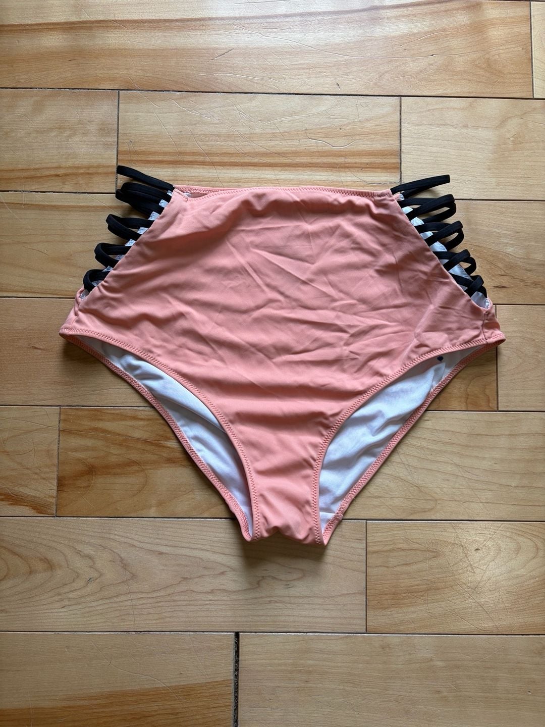 Victoria's Secret Pink High-Waisted Strappy Bikini Bottoms Peach Black 1