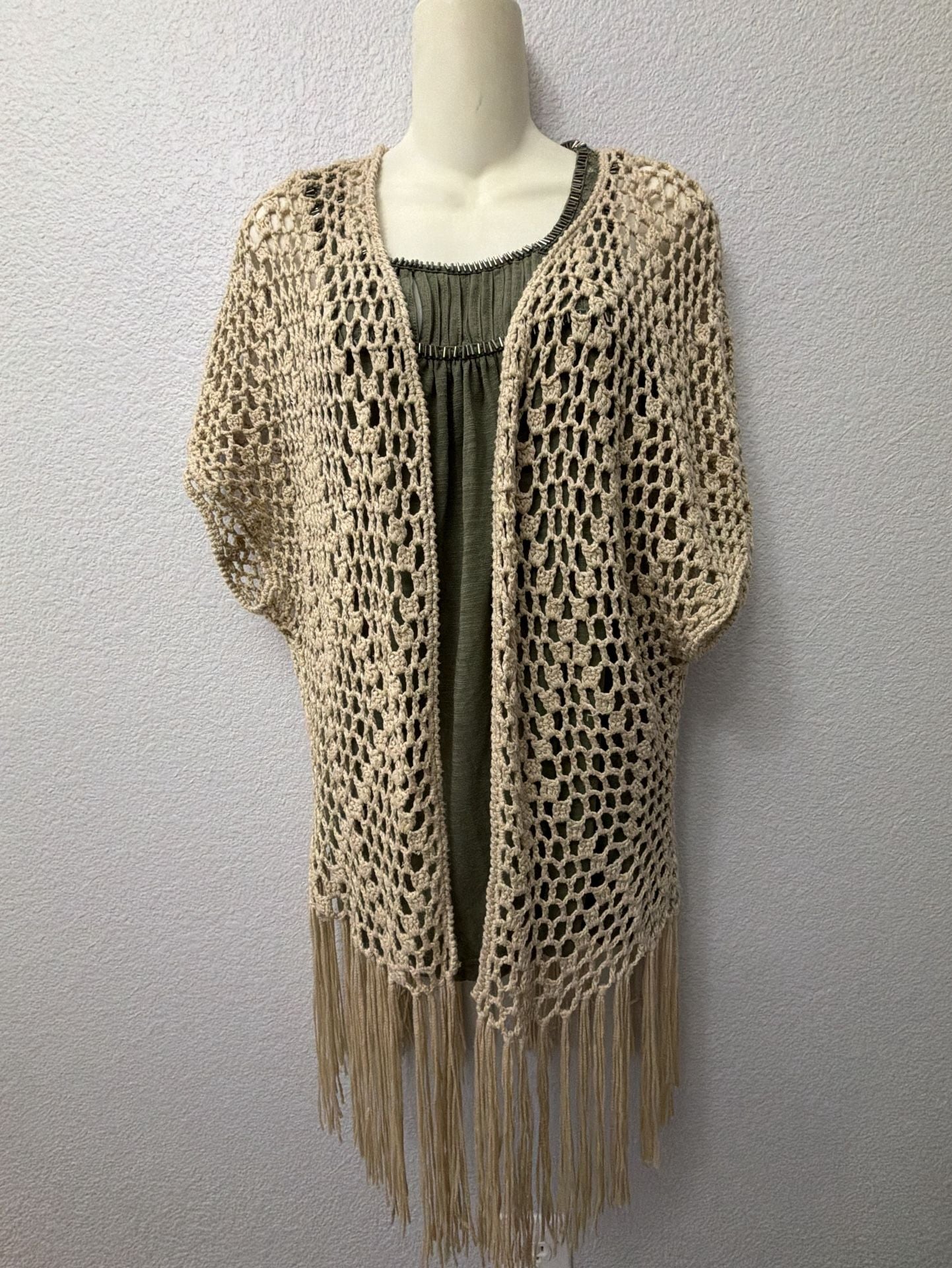 POL Crochet Fringe Vest Beige Size M 4