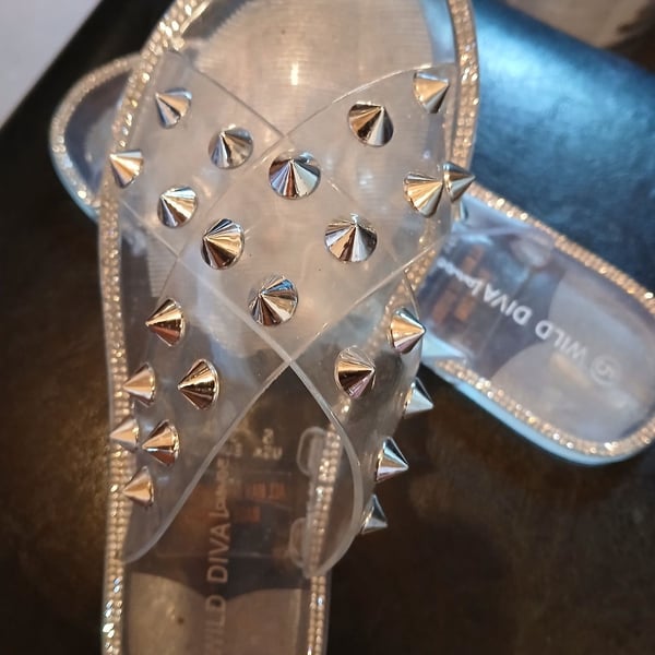 Wild Diva Lounge Clear Studded Cross Strap Slide Sandals Size 5
