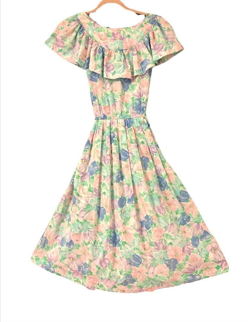 1980s Lanz Originals Garden Floral Dress in Pastel Watercolor 4