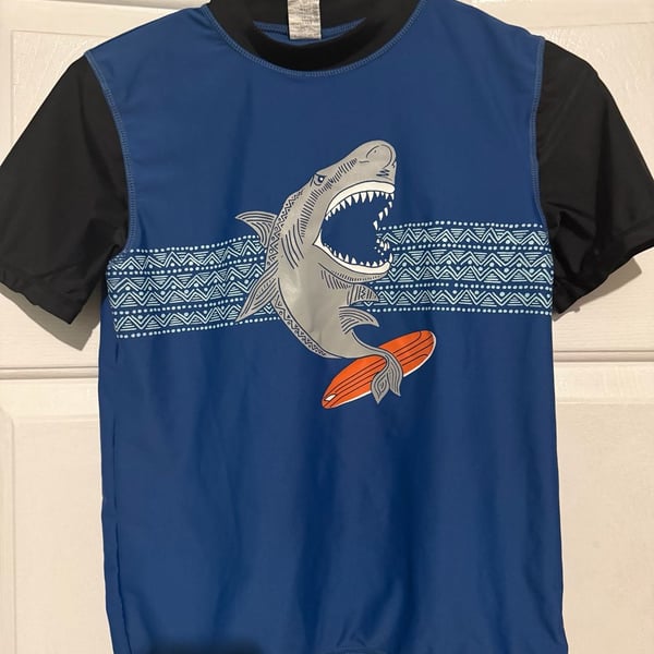 Phibee Boys Shark Surfing Rash Guard Swim Shirt Size 8
