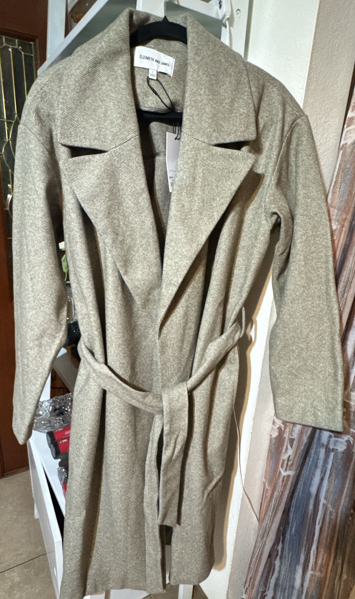 Elizabeth and James Women's Herringbone Belted Trench Coat Size L 7