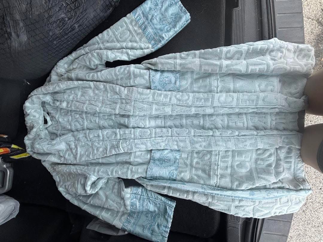 Versace Logo Embossed Terry Cloth Bathrobe Light Blue Size M 1