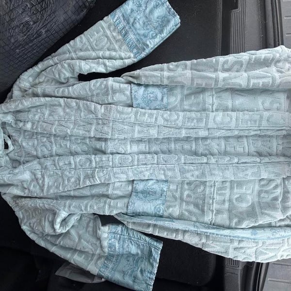 Versace Logo Embossed Terry Cloth Bathrobe Light Blue Size M