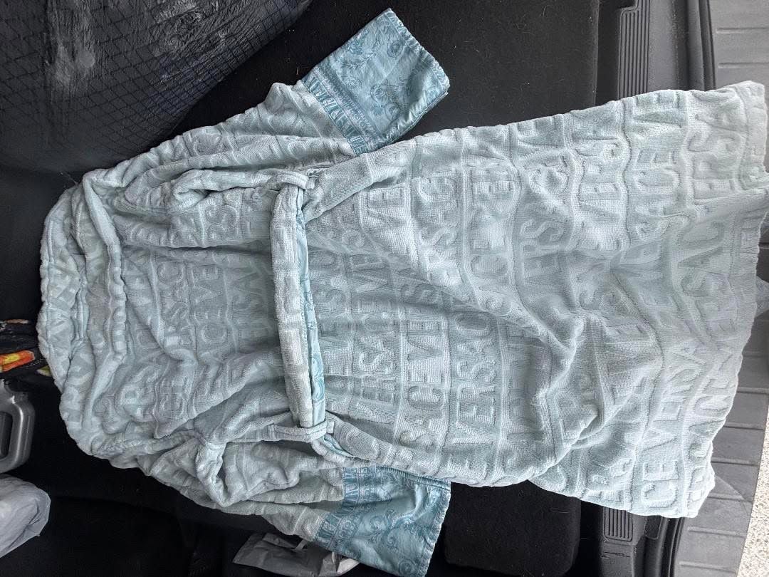 Versace Logo Embossed Terry Cloth Bathrobe Light Blue Size M 2