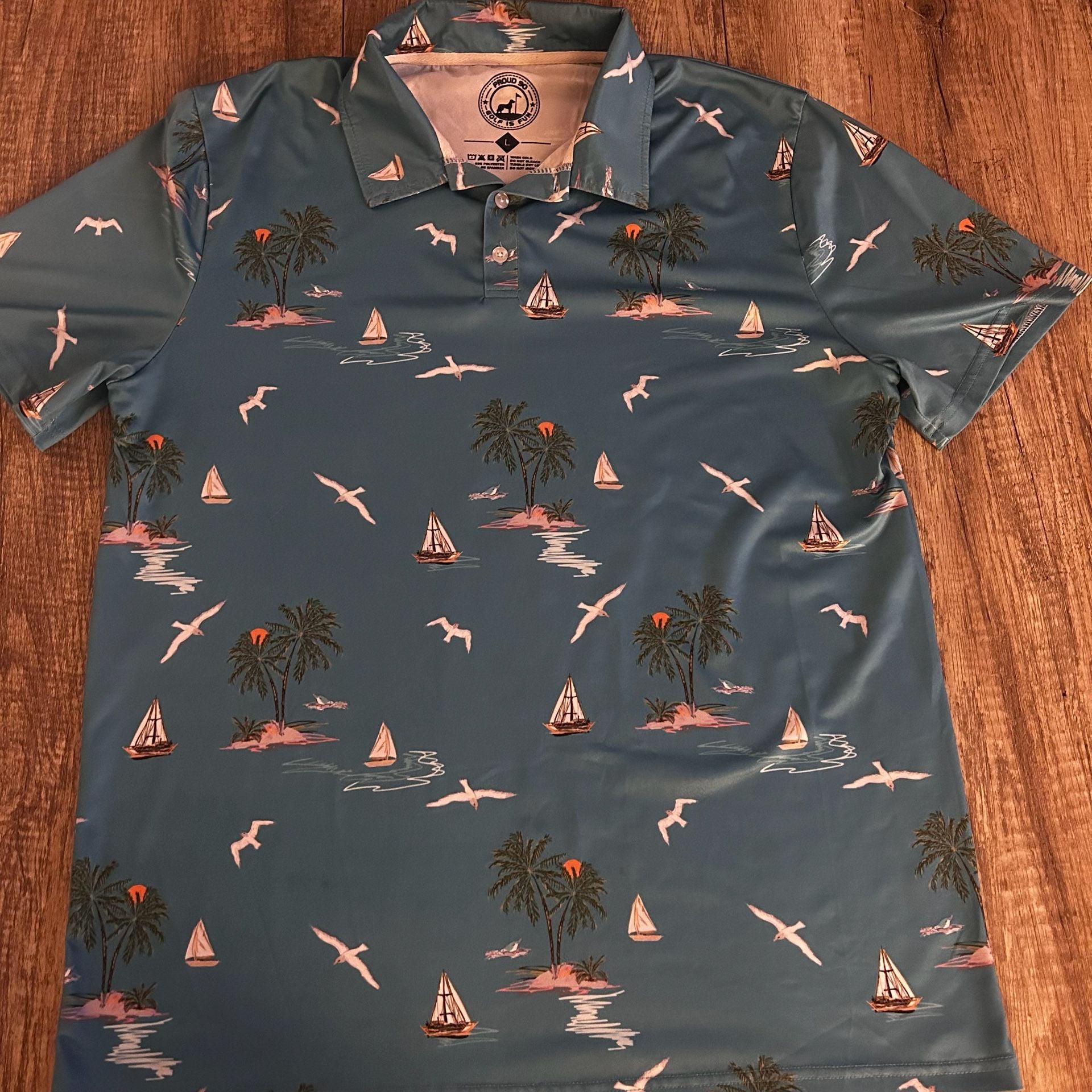 Proud 90 Golf Is Fun Sailboat Tropical Print Polo Shirt Size L B5 2