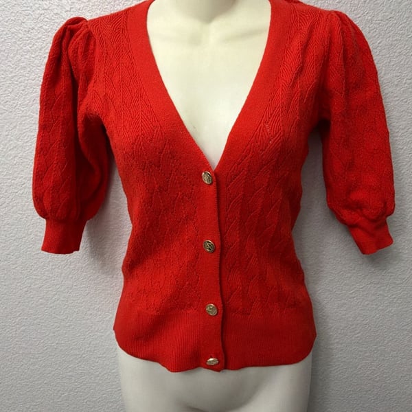 Draper James RSVP Red Pointelle Puff Sleeve Cardigan Size XS