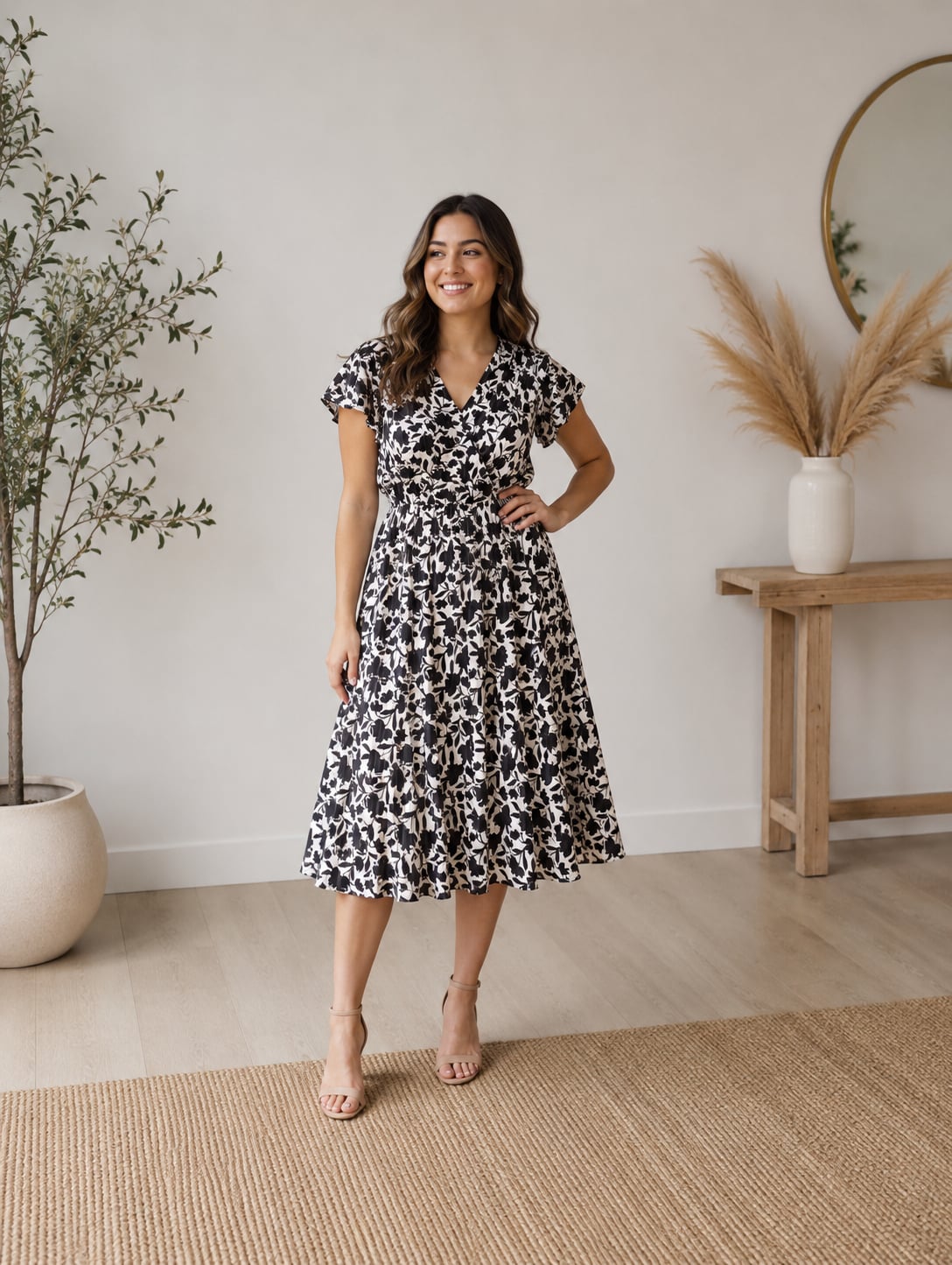 Maggy London Woman Floral Pleated Wrap Midi Dress Black White Plus 20W 2