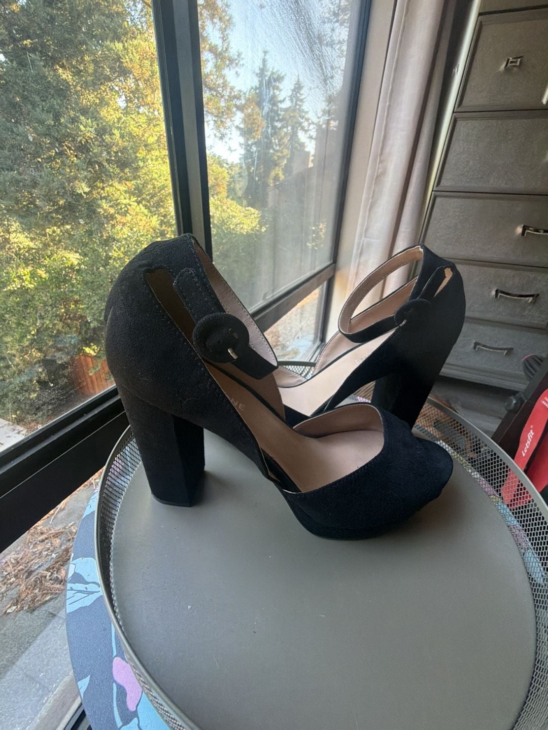 Sun + Stone Reeta Black Suede Ankle Strap Block Heel Sandals Size 10W 5