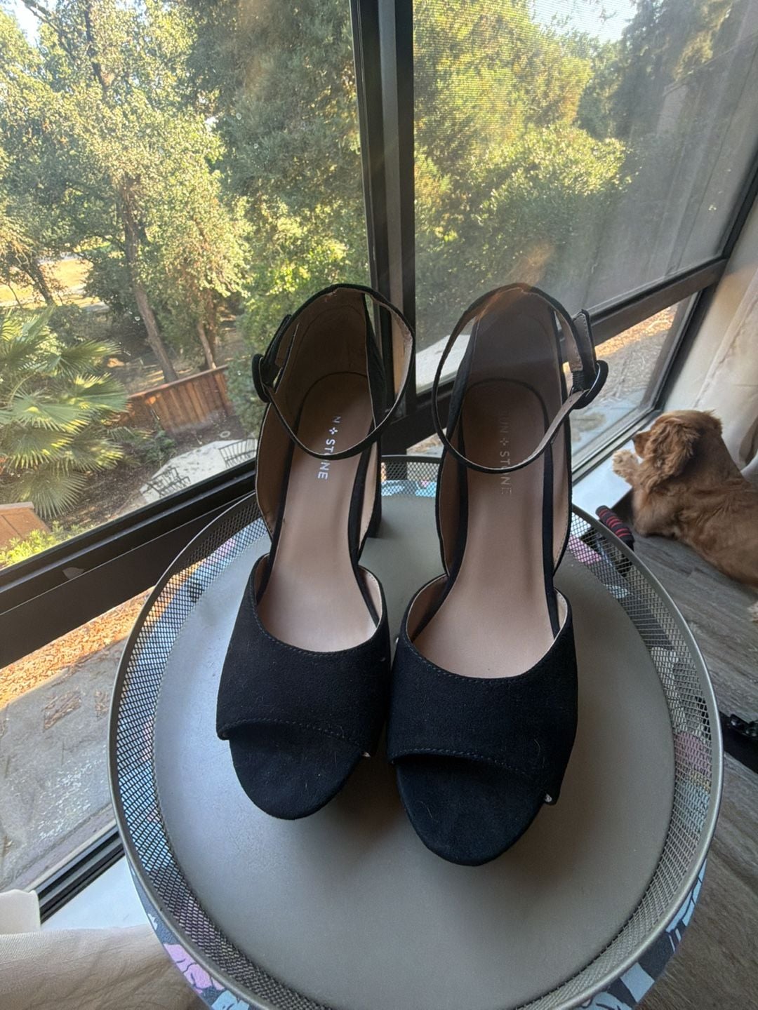Sun + Stone Reeta Black Suede Ankle Strap Block Heel Sandals Size 10W 6