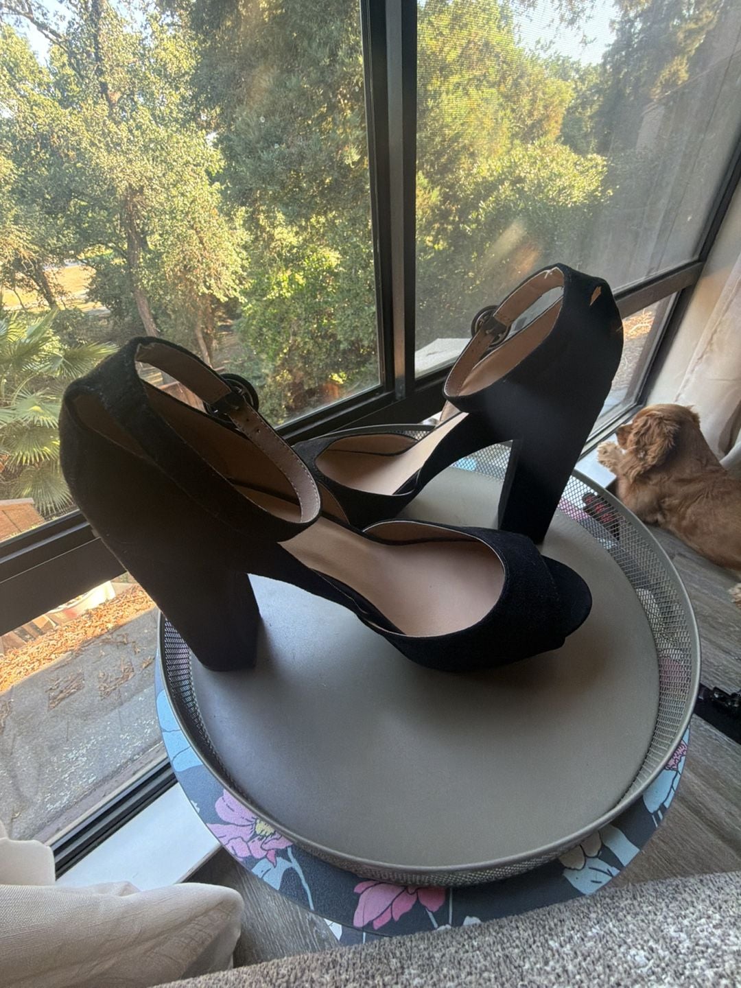 Sun + Stone Reeta Black Suede Ankle Strap Block Heel Sandals Size 10W 7