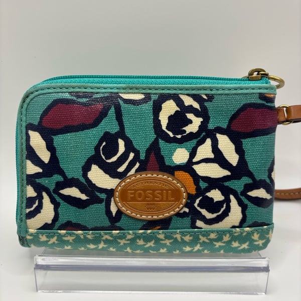 Fossil Floral Canvas Wristlet Wallet Teal Multi