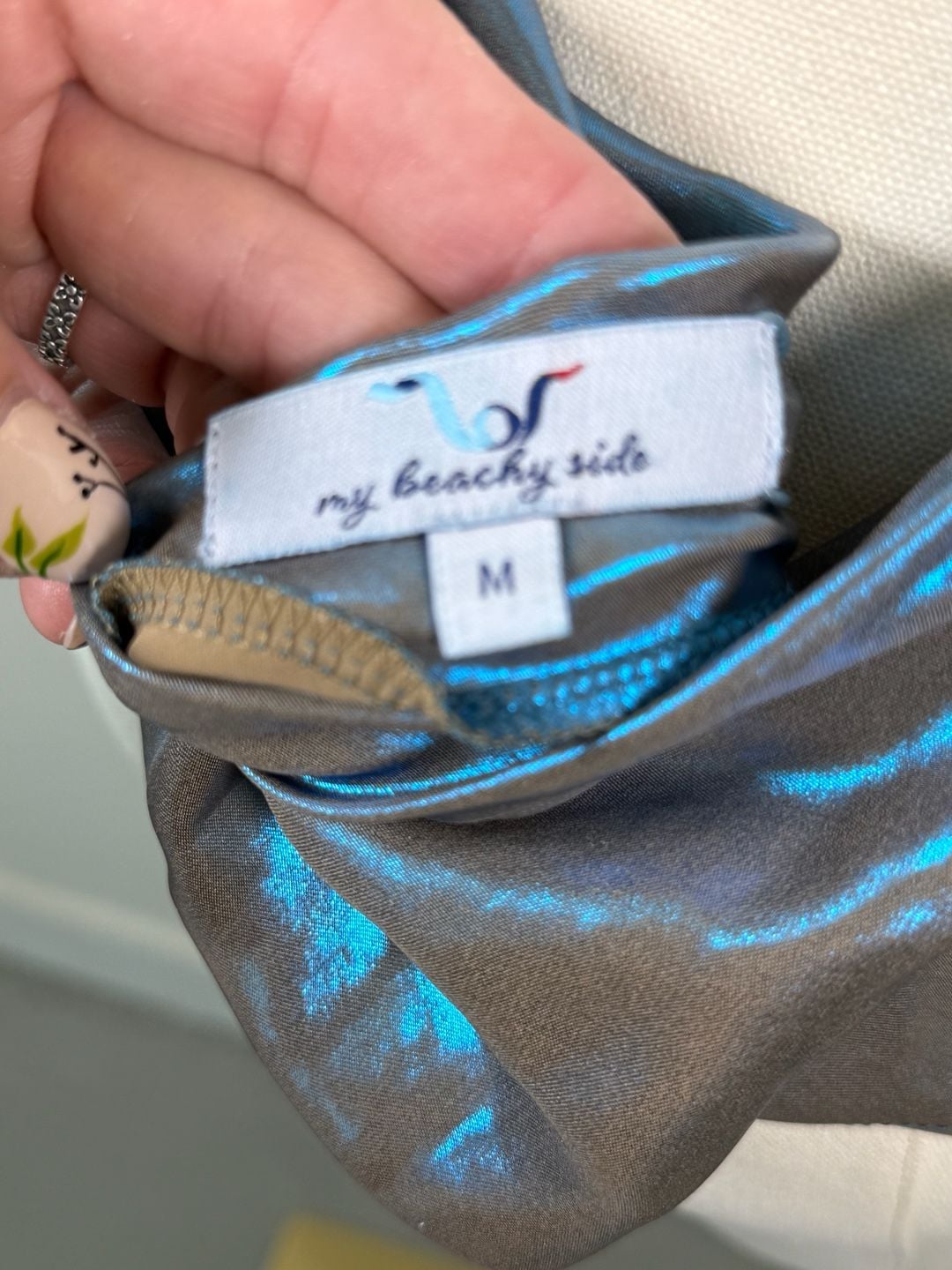 My Beachy Side Metallic Iridescent Cowl Neck Beaded Back Top Size M 7