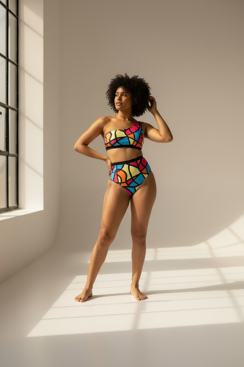 Geometric Print One-Shoulder High-Waisted Bikini Set 4XL 1