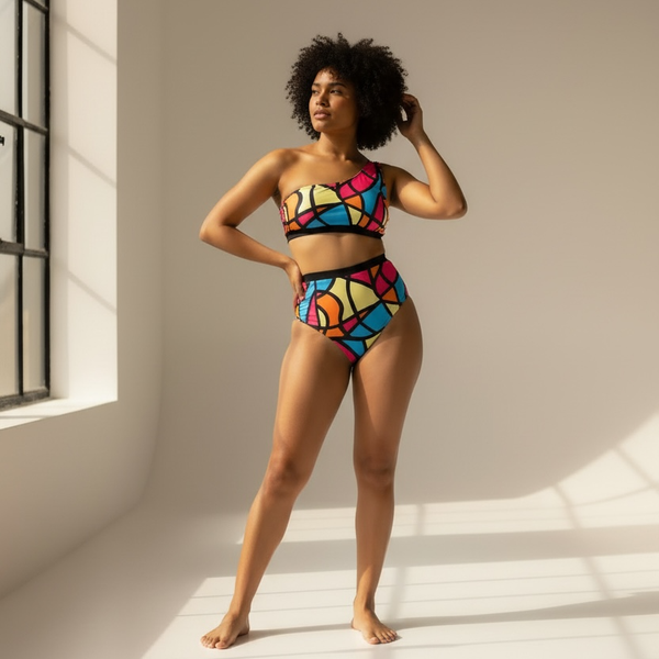 Geometric Print One-Shoulder High-Waisted Bikini Set 4XL 