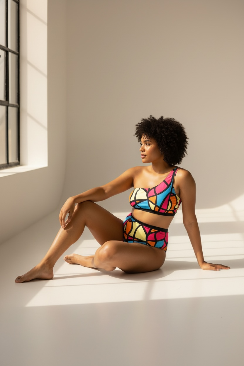 Geometric Print One-Shoulder High-Waisted Bikini Set 4XL 2