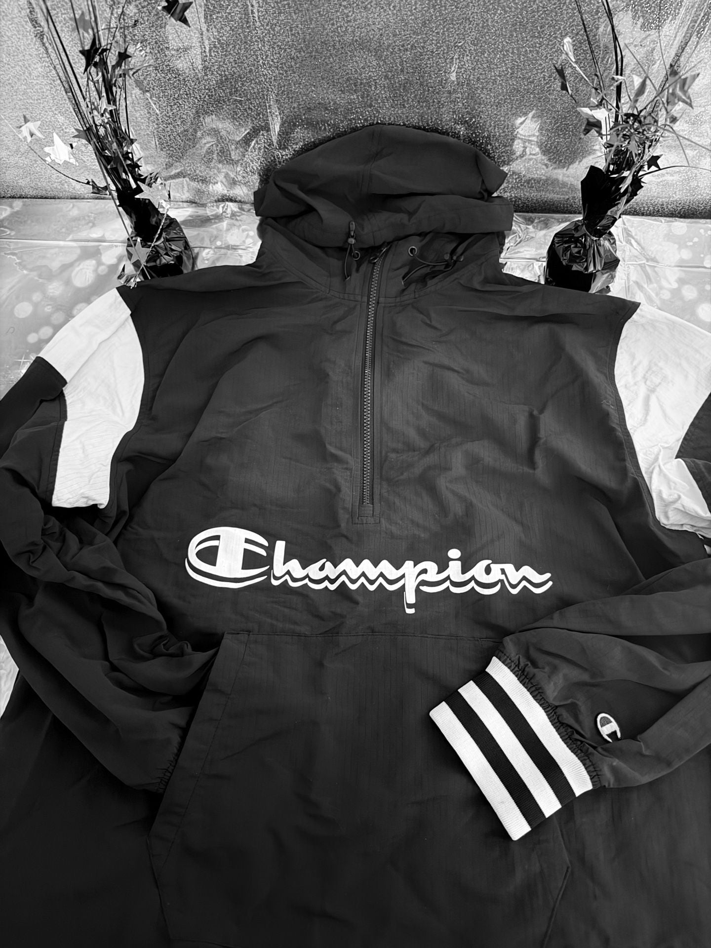 Champion Men's Large Black Half-Zip Hooded Windbreaker Anorak 1
