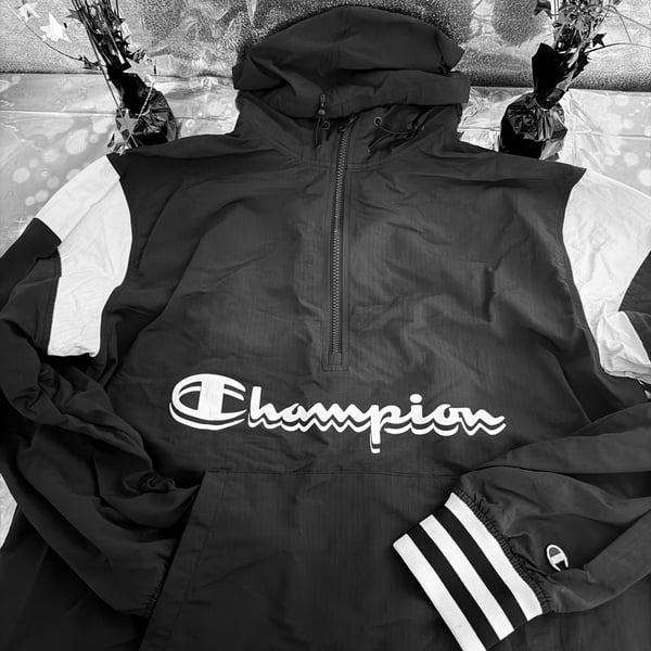 Champion Men's Large Black Half-Zip Hooded Windbreaker Anorak