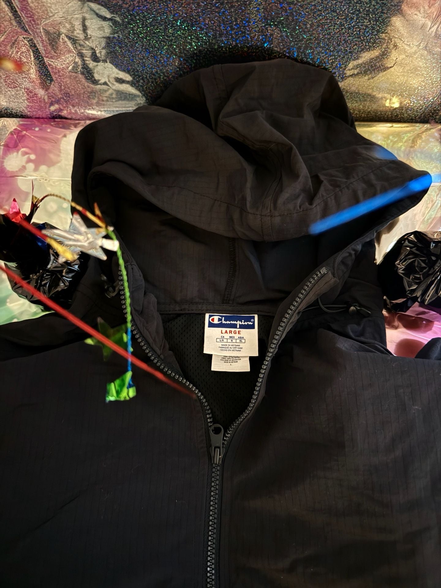 Champion Men's Large Black Half-Zip Hooded Windbreaker Anorak 3