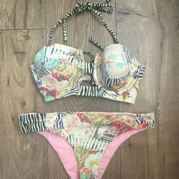 Malai Anthropologie Swimwear Floral Zebra Print Bikini Set Size M