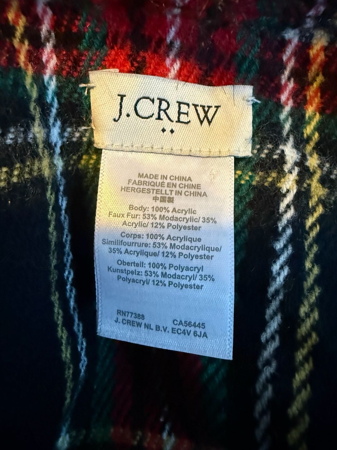 J Crew Tartan Plaid Wrap Shawl Faux Fur Collar Fringe One Size Black Red Green 8