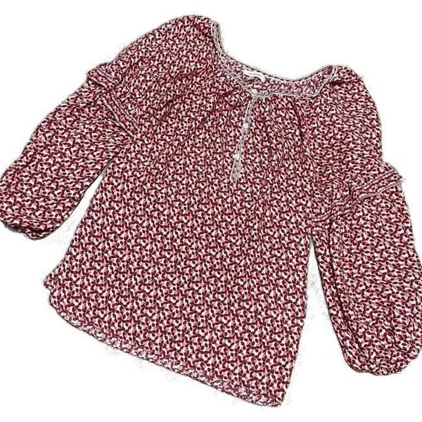 Scoop Neck Blouse Flounced Cuffs Black White Burgundy Sz S Summer Blouse 
