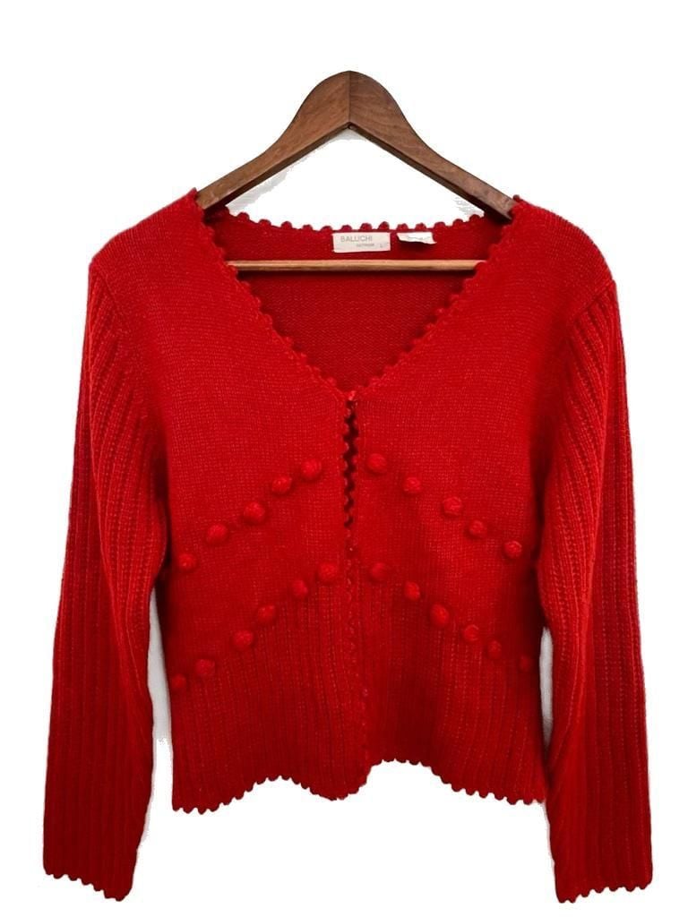 Vintage Baluchi Red Popcorn Knit Cardigan Sweater Scalloped Trim V-Neck M/L 3