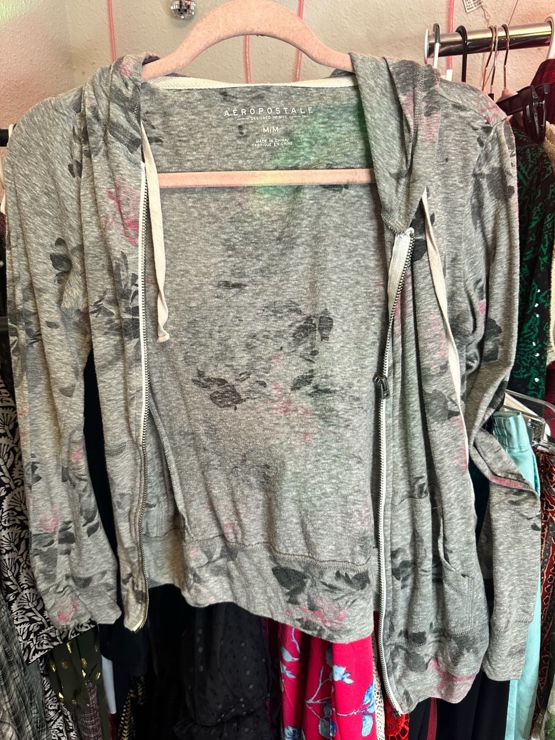Gray Floral Sleeve Zip-Up Hoodie Aéropostale 2