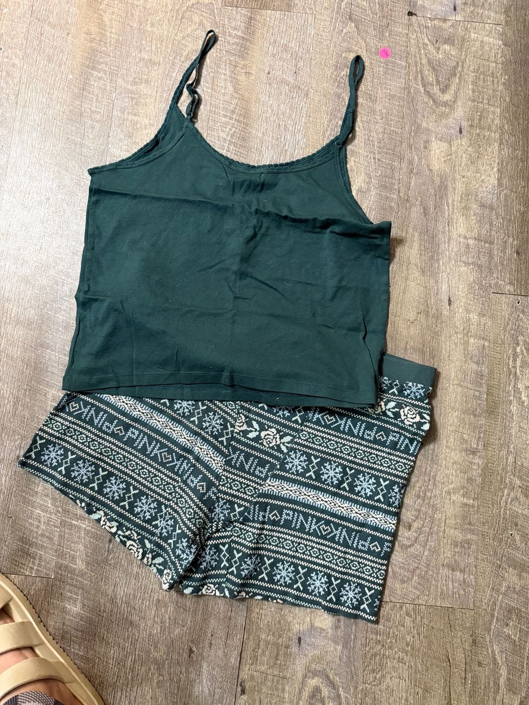Victoria's Secret PINK Pajama Set Cami and Shorts Green Fair Isle Print 2