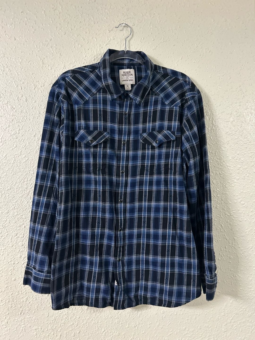 Blake Shelton x Lands' End Blue Plaid Western Snap Shirt XL 2