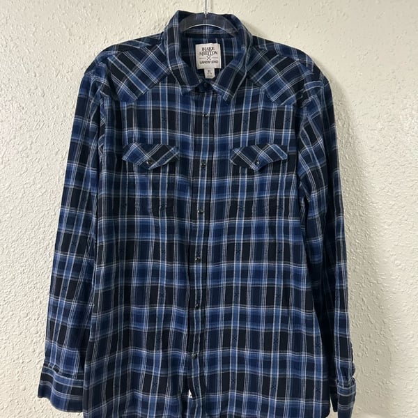 Blake Shelton x Lands' End Blue Plaid Western Snap Shirt XL