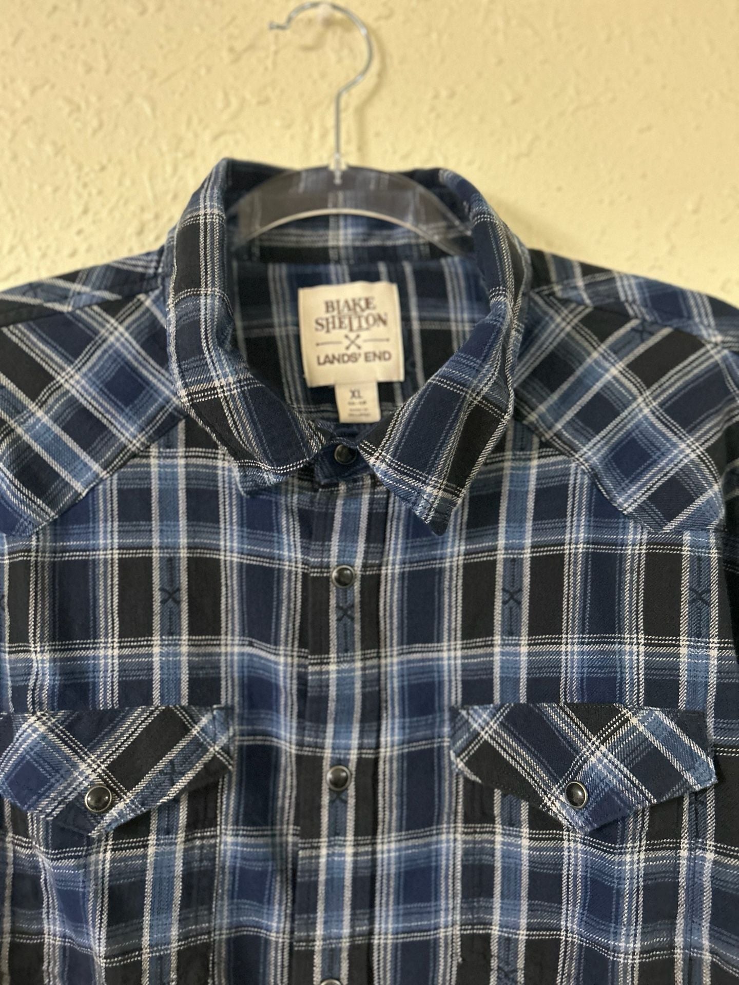 Blake Shelton x Lands' End Blue Plaid Western Snap Shirt XL 3