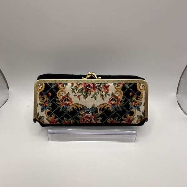 Vintage Floral Tapestry Kiss Lock Clutch Purse with Mirror