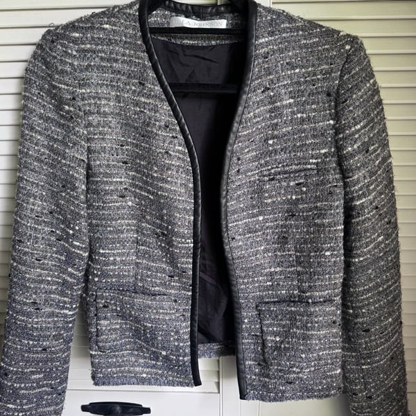 Ulla Johnson Size 6 Grey Tweed Lambskin Trim Jacket