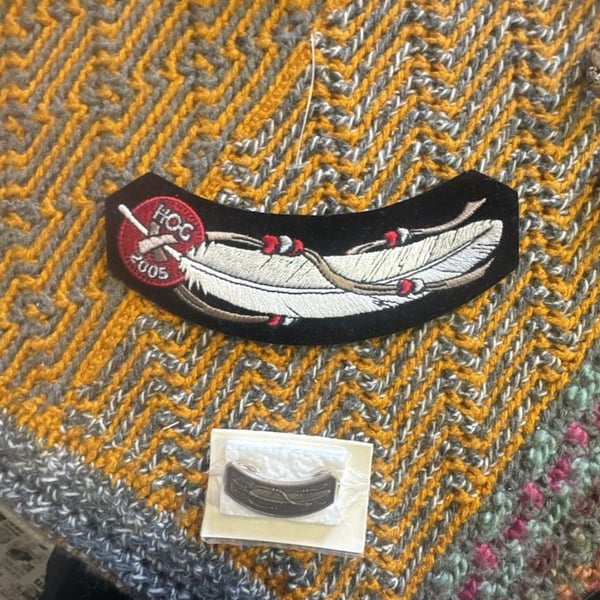 Harley Owners Group HOG 2005 Feather Embroidered Patch and pin set