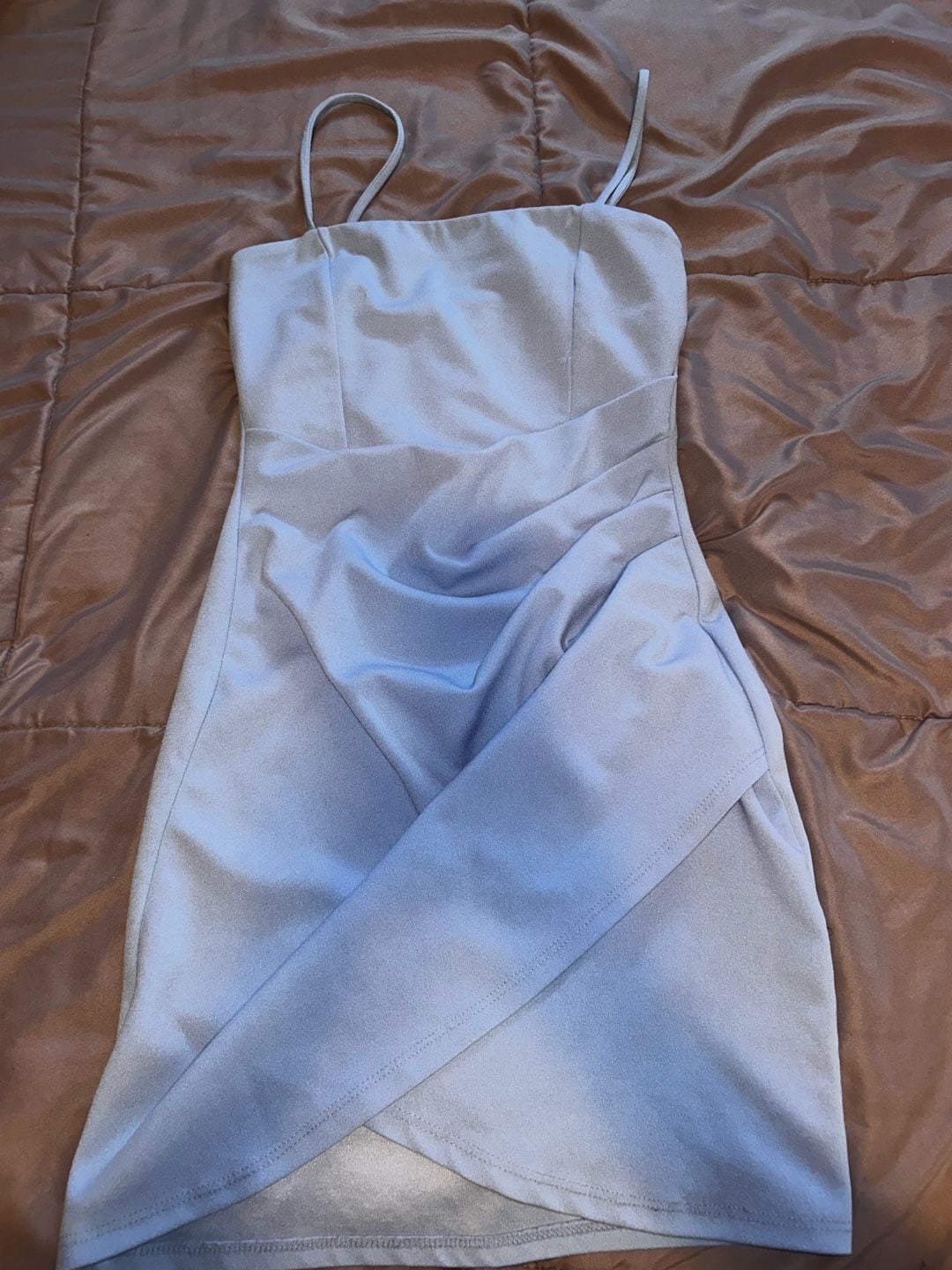 Windsor Light Blue Ruched Faux Wrap Mini Dress 2