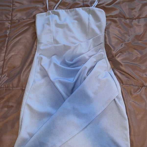 Windsor Light Blue Ruched Faux Wrap Mini Dress