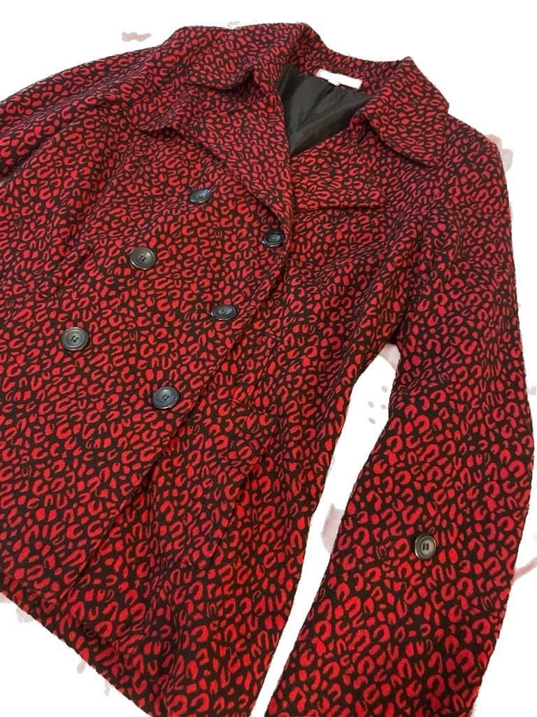 NY Collection Red and Black Leopard Print Double Breasted Pea Coat Jacket Size M 2