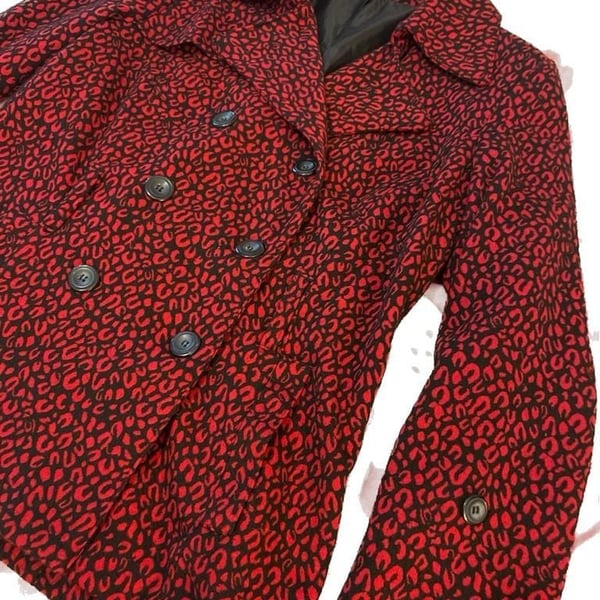 NY Collection Red and Black Leopard Print Double Breasted Pea Coat Jacket Size M
