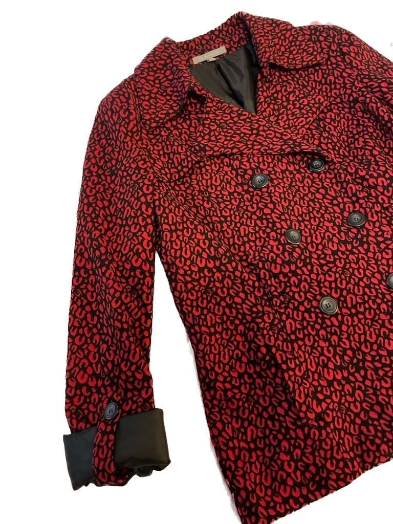 NY Collection Red and Black Leopard Print Double Breasted Pea Coat Jacket Size M 3