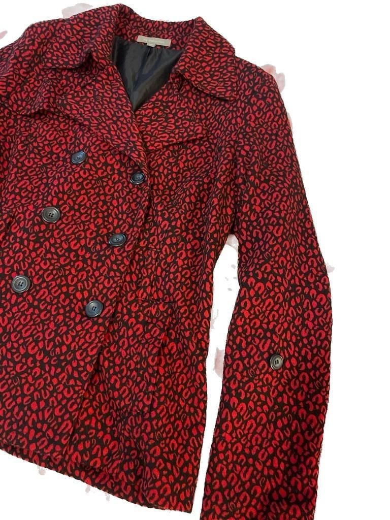 NY Collection Red and Black Leopard Print Double Breasted Pea Coat Jacket Size M 4