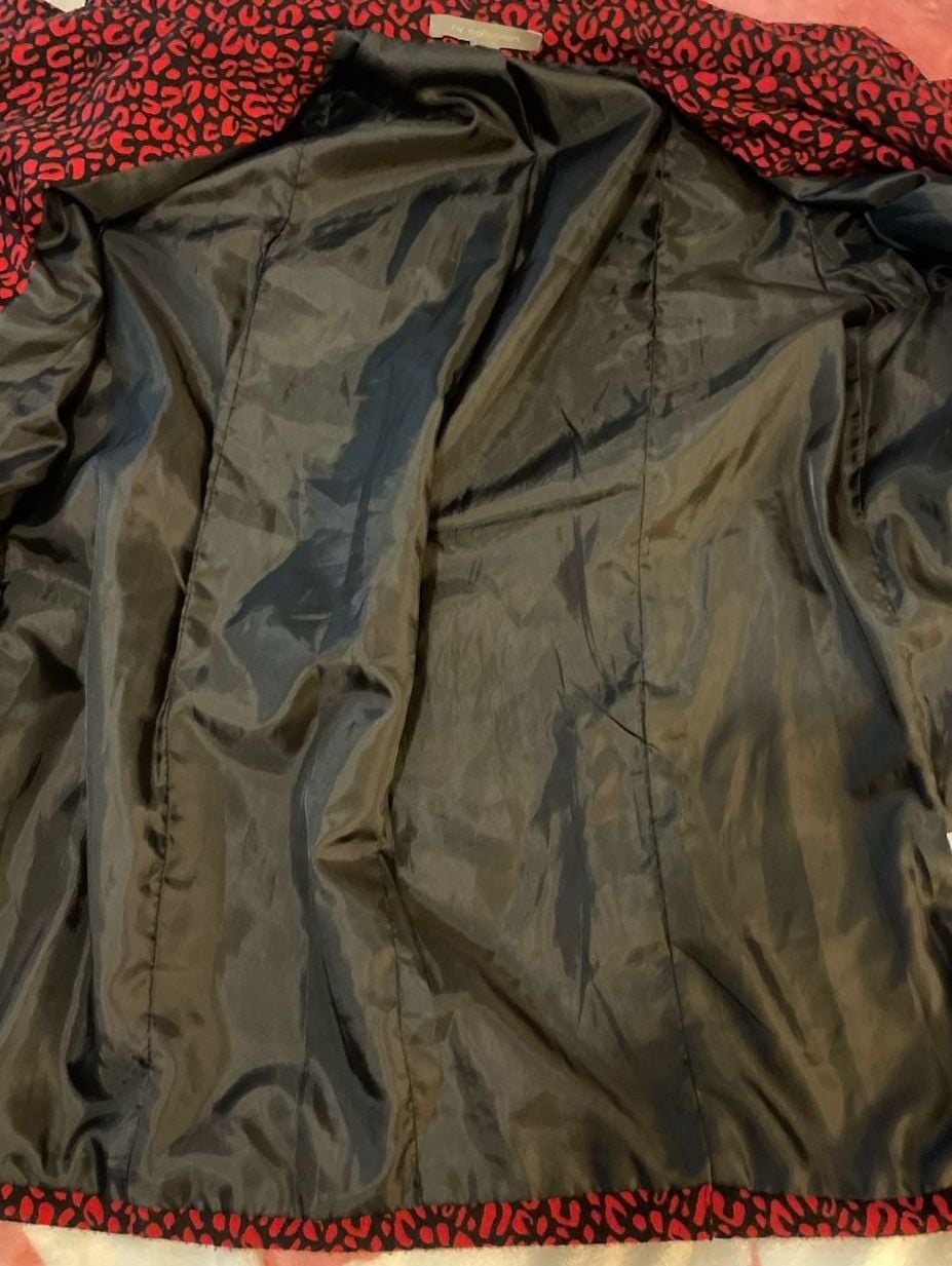 NY Collection Red and Black Leopard Print Double Breasted Pea Coat Jacket Size M 11