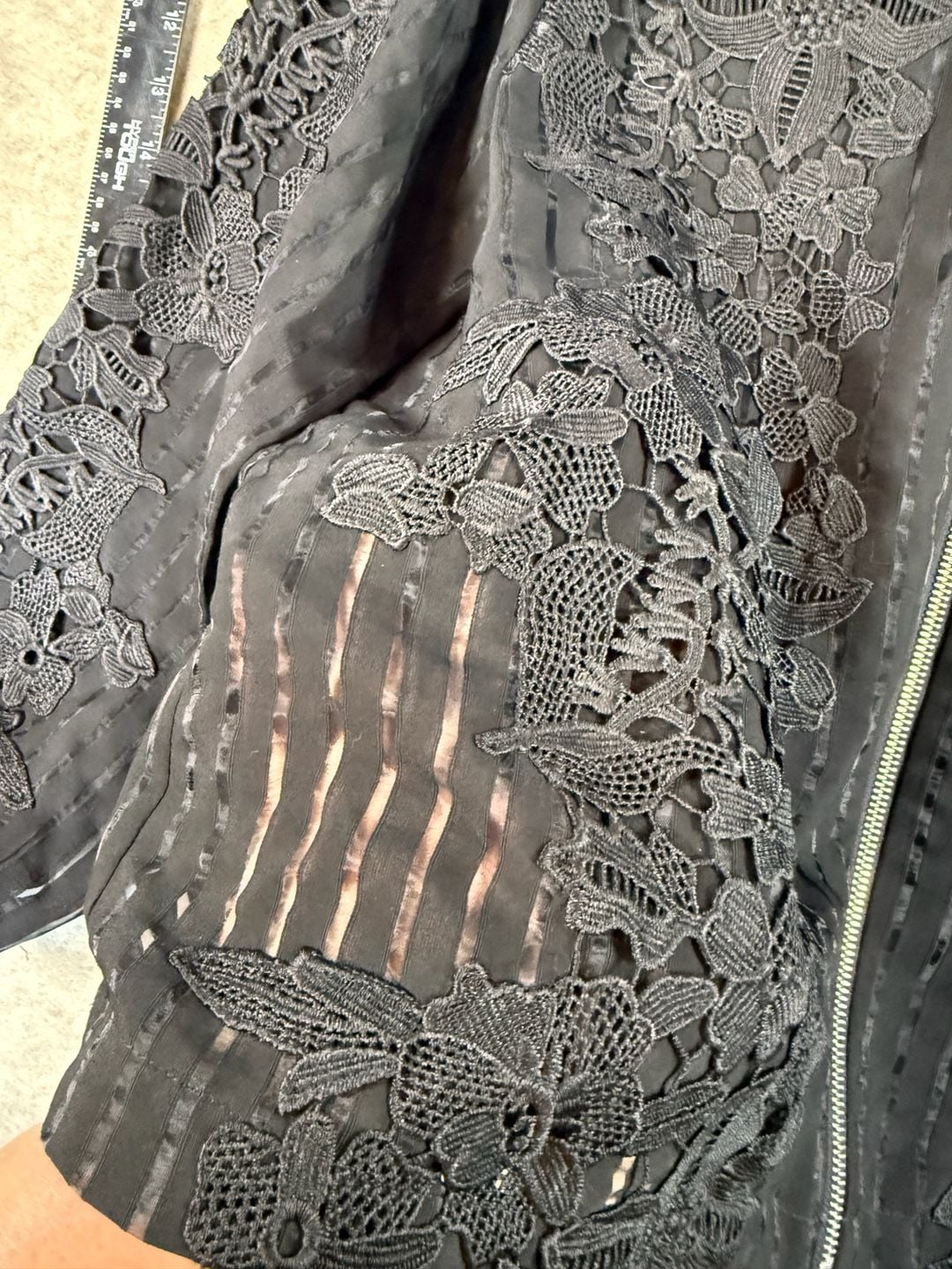 Chico’s Womens Size 2 XL Black Lace Floral Bomber Jacket Zip Front Sheer Strip 7