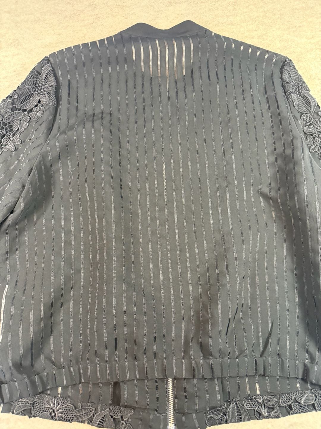 Chico’s Womens Size 2 XL Black Lace Floral Bomber Jacket Zip Front Sheer Strip 10