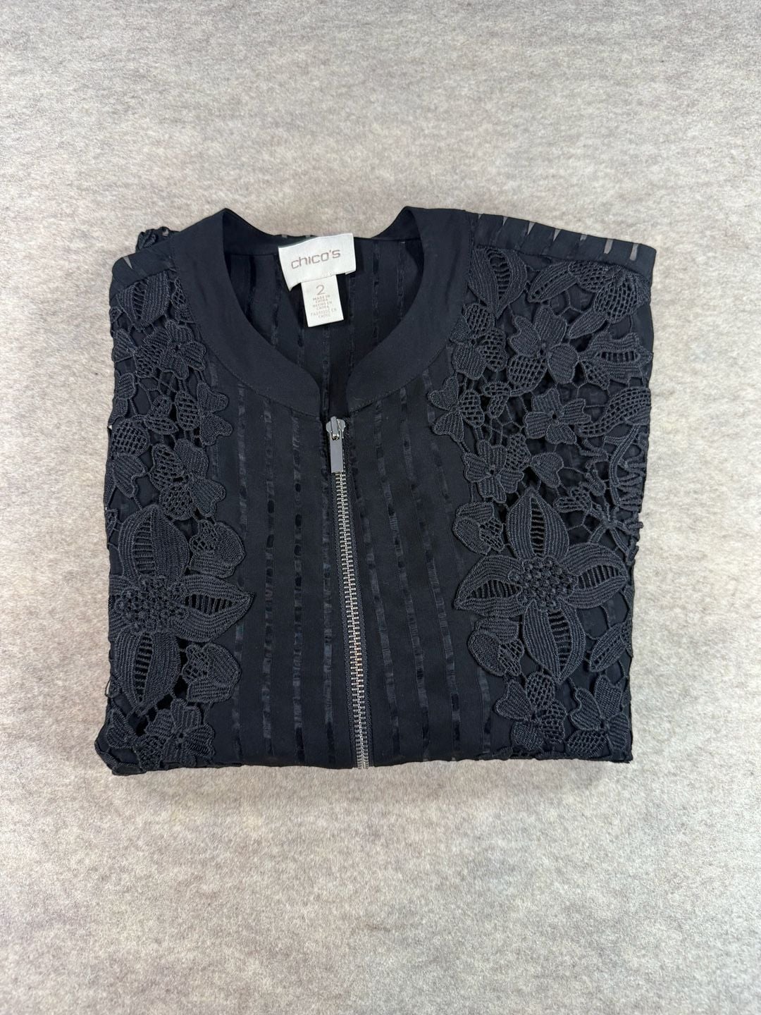 Chico’s Womens Size 2 XL Black Lace Floral Bomber Jacket Zip Front Sheer Strip 14