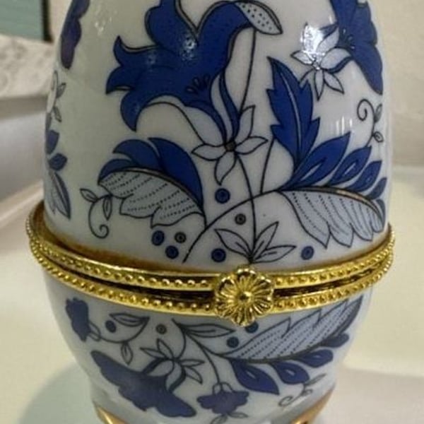 Vintage Porcelain Floral Egg Trinket Box with Gold Tone Feet