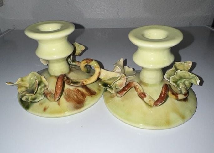 Vintage Elaine Carroll California Ceramic Candlestick Holders with Applied Floral Detail 1