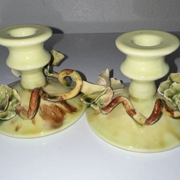 Vintage Elaine Carroll California Ceramic Candlestick Holders with Applied Floral Detail