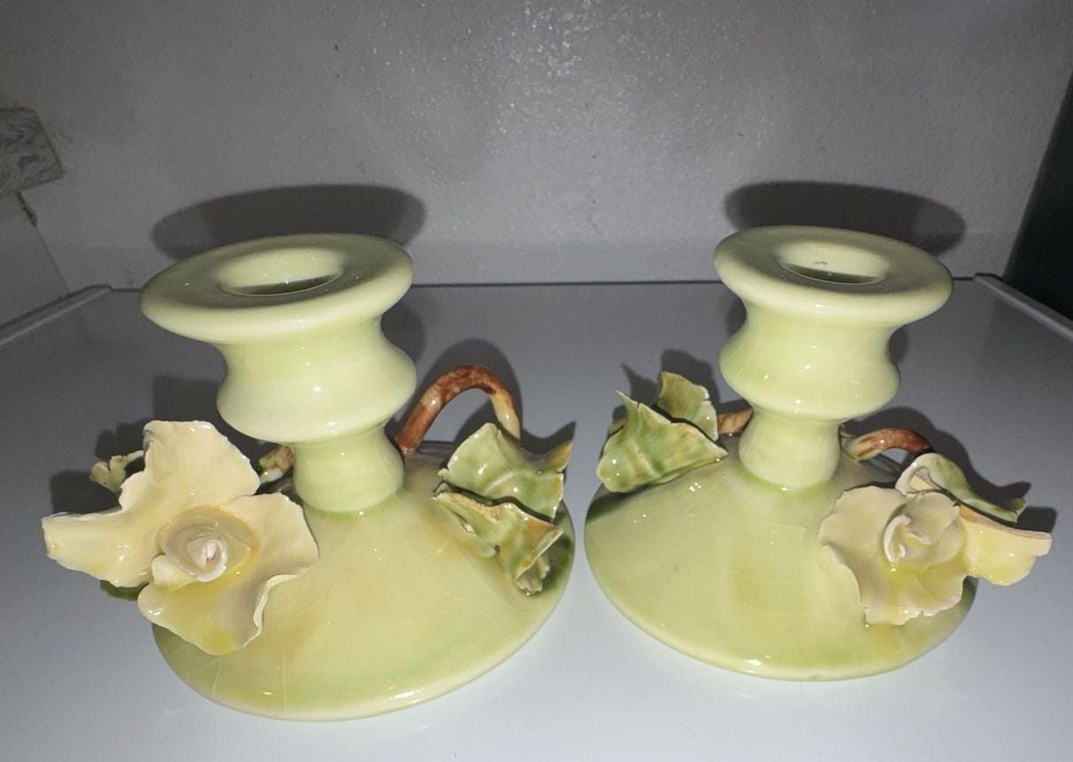 Vintage Elaine Carroll California Ceramic Candlestick Holders with Applied Floral Detail 3