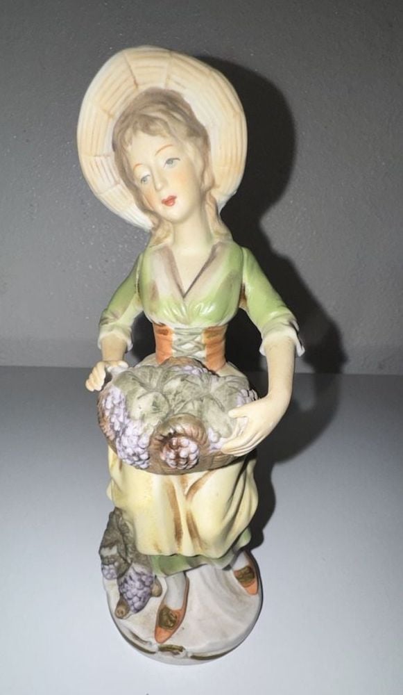 Vintage MCO Marwal Style Porcelain Figurine Girl with Grapes Basket Made in Japan 1